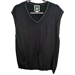 TD Mens Large Black Sleeveless V-Neck Sweater Vest Green Trim Knit Pullover